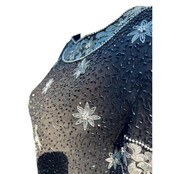 Vintage Black Beaded & Silver Floral Embroidered Short-Sleeve Top With Intricate - Picture 4 of 12
